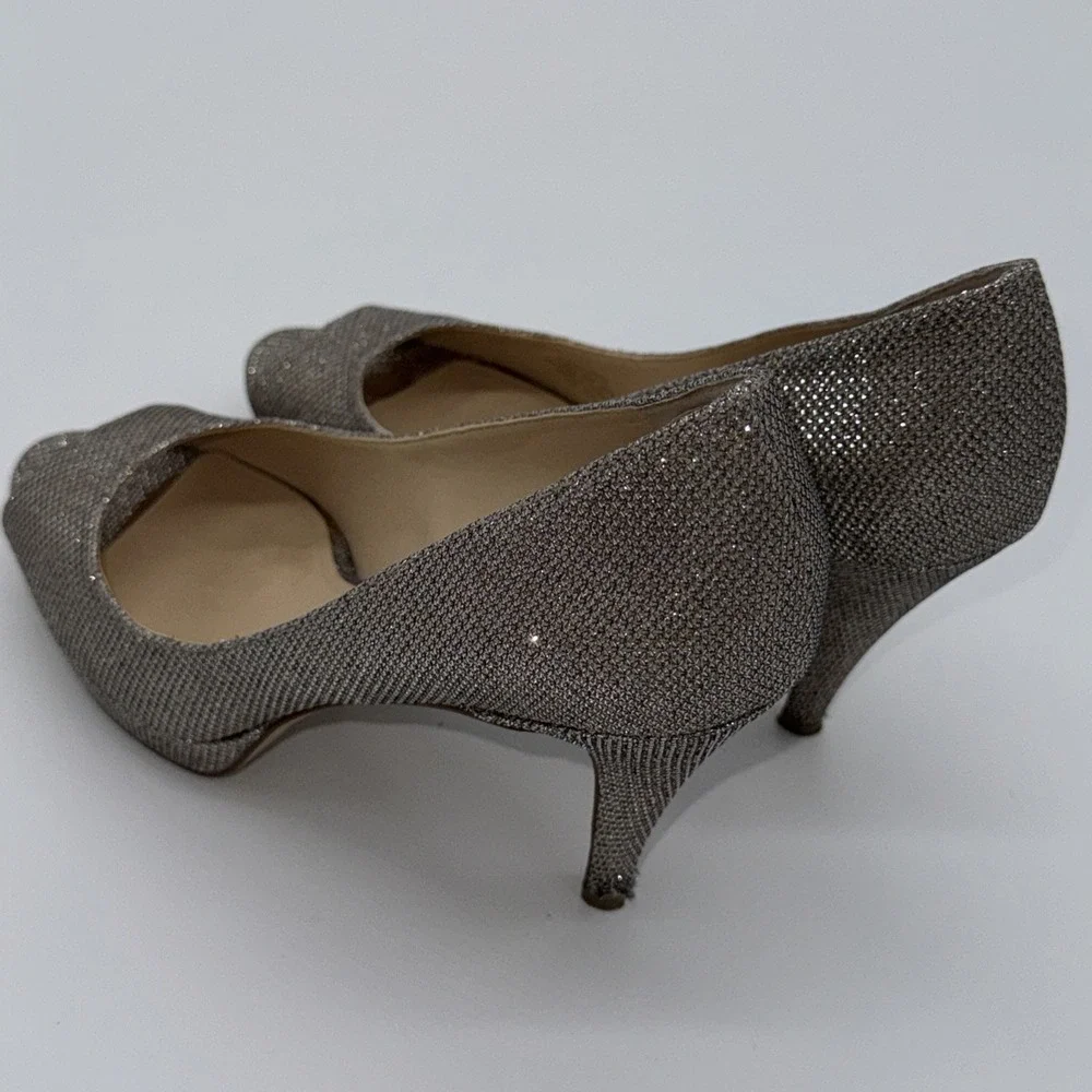 Enzo Angiolini‎ Womens 7.5 Sparkle Open Toe Heels Shoes Silver Gold Bronze
